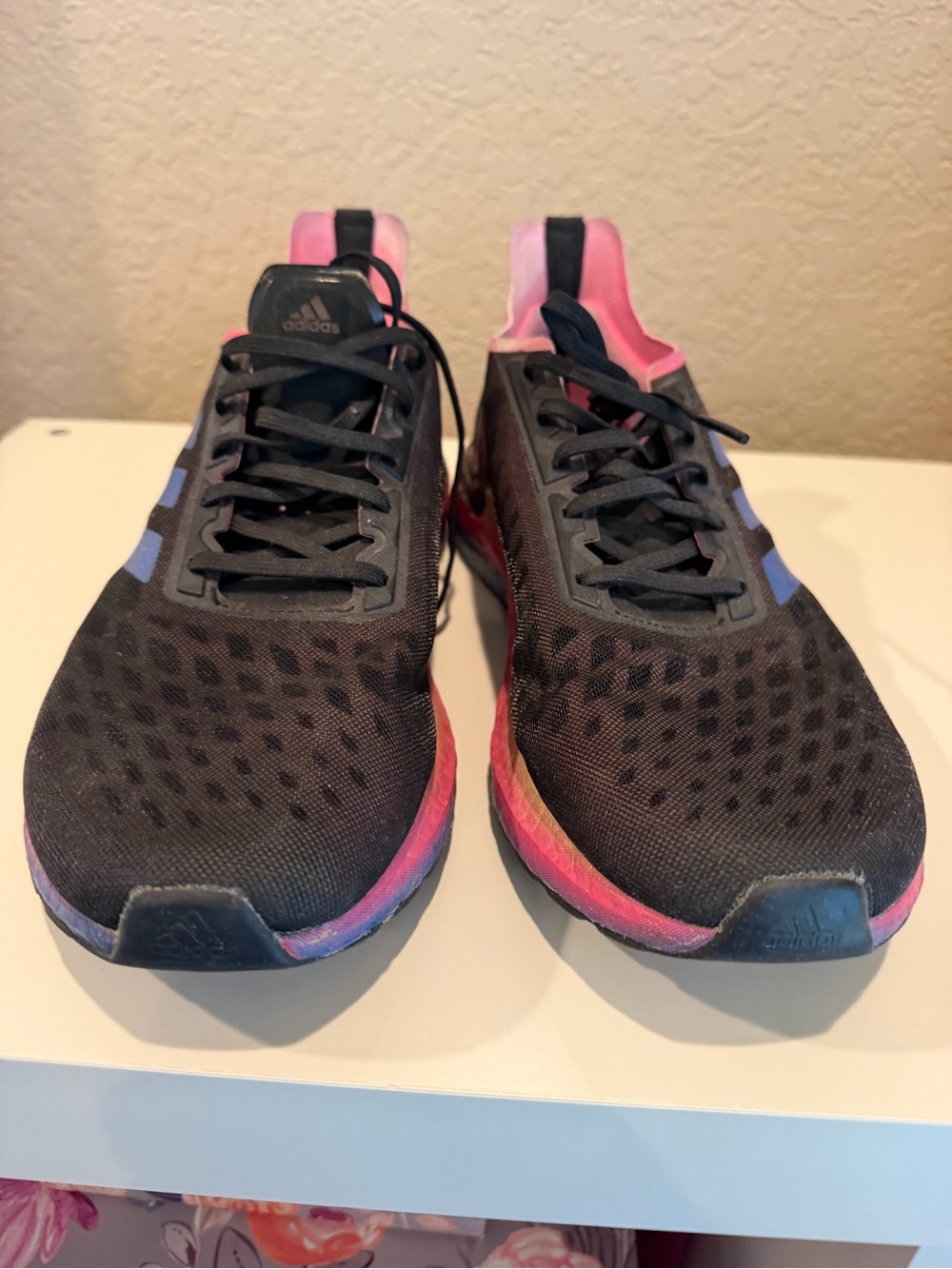 adidas UltraBoost Black Athletic Shoes with Pink and Blue Accents